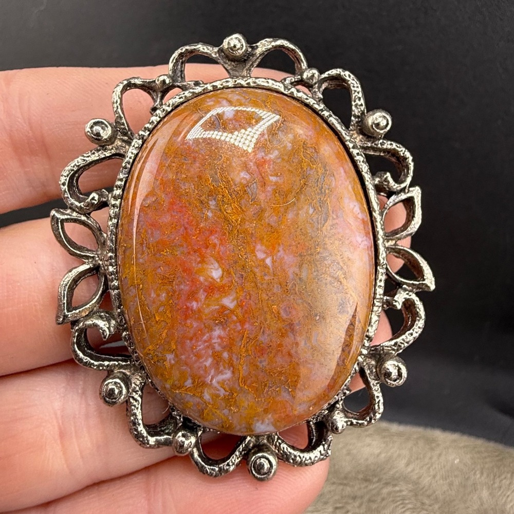 Vintage Estate Bolo Tie Slide Red Silver Tone Polished Stone Oval Filigree